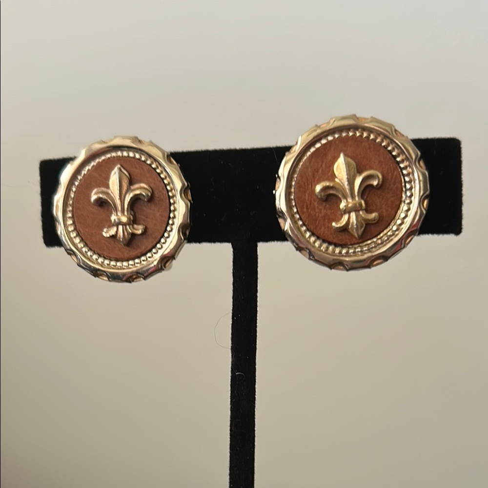 Gold and Brown Fleur-de-Lis Stud Earrings